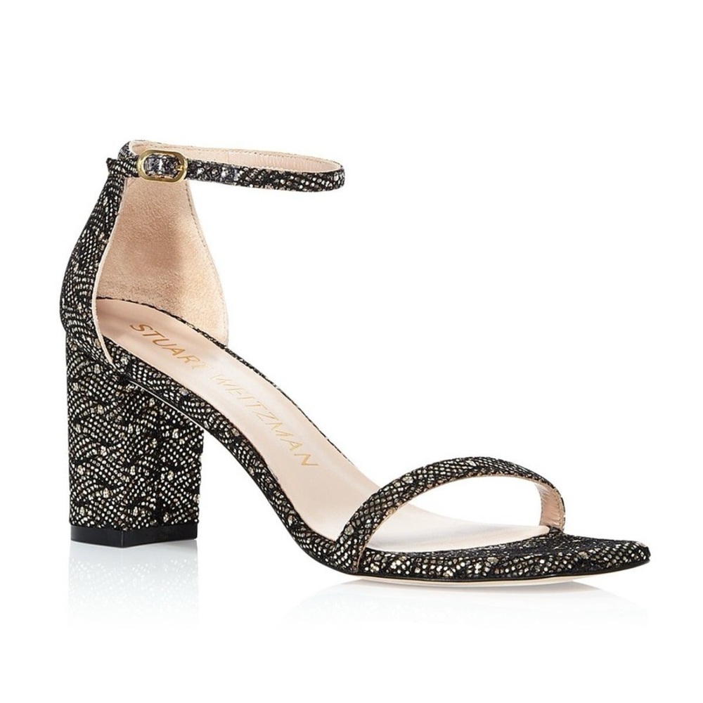 Stuart Weitzman Amelia Black Gold Speckled Block Heel Sandal Sz 6.5 BNWB Dustbag